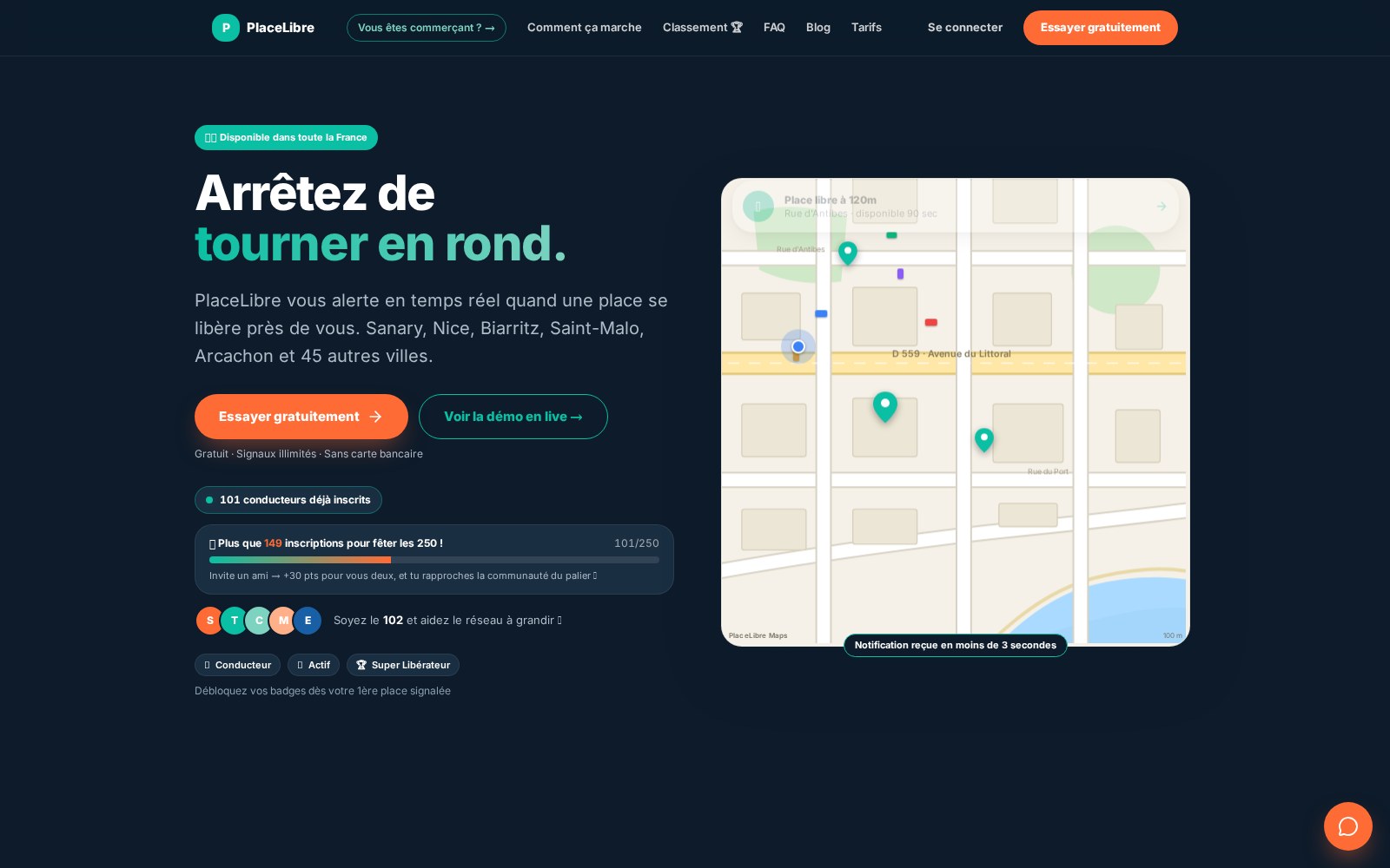 Page d'accueil PlaceLibre — « Arrêtez de tourner en rond » avec carte et notification 3 secondes